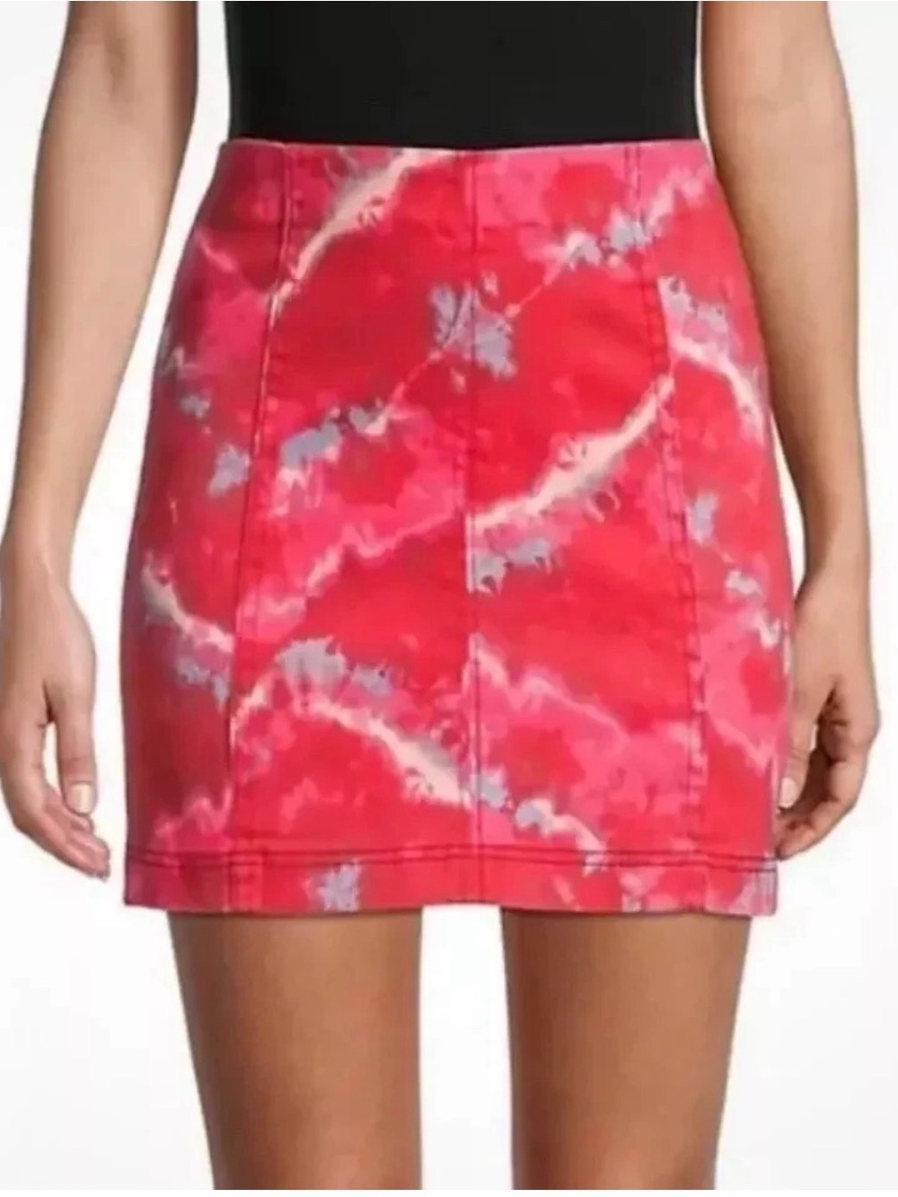 Free People Flamingo Flame Red Tie-Dye Denim Mini Skirt Size 8